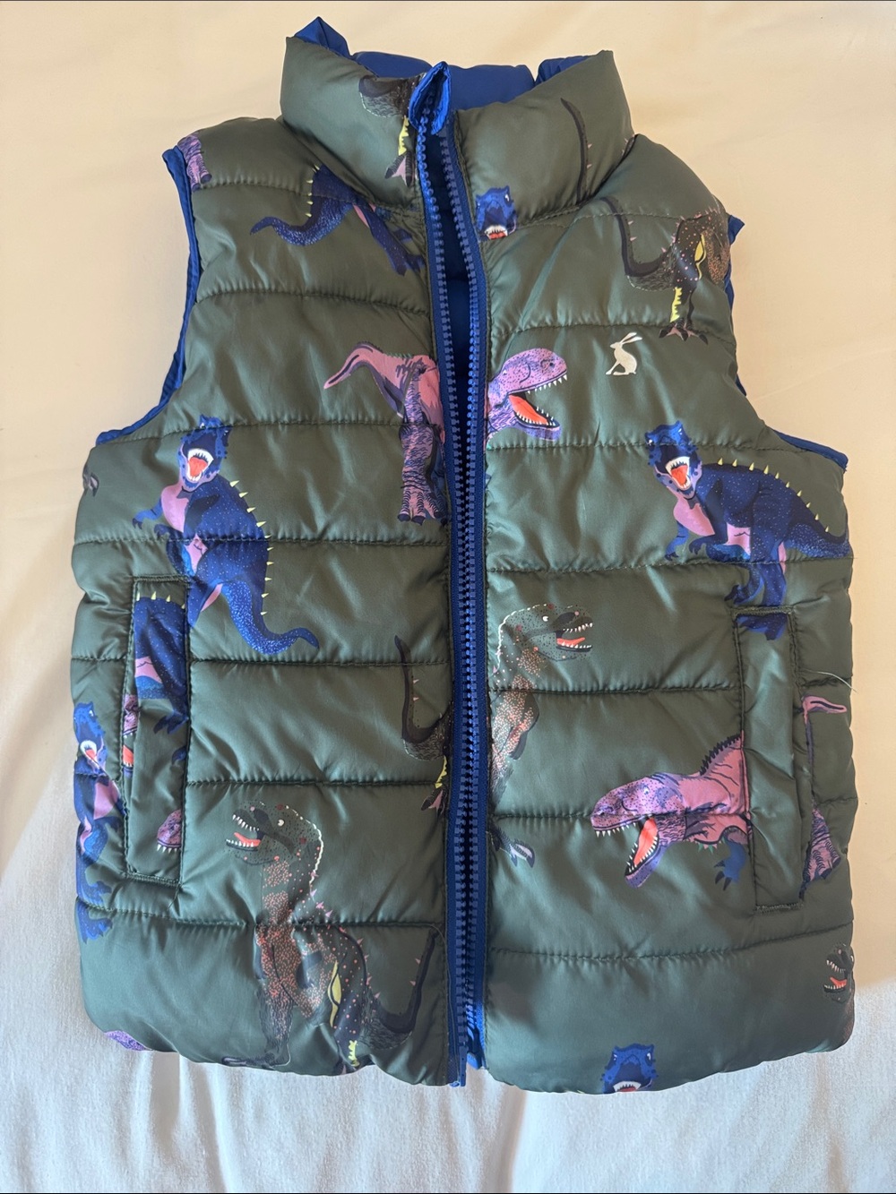 Joules Reversible Green Puffer Vest with Dinosaur Print & Solid Blue